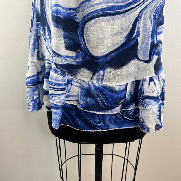 Piazza Del Tempio White Blue Tiered Top Linen Abstract Print Scoop Neck Size XL - Picture 4 of 12